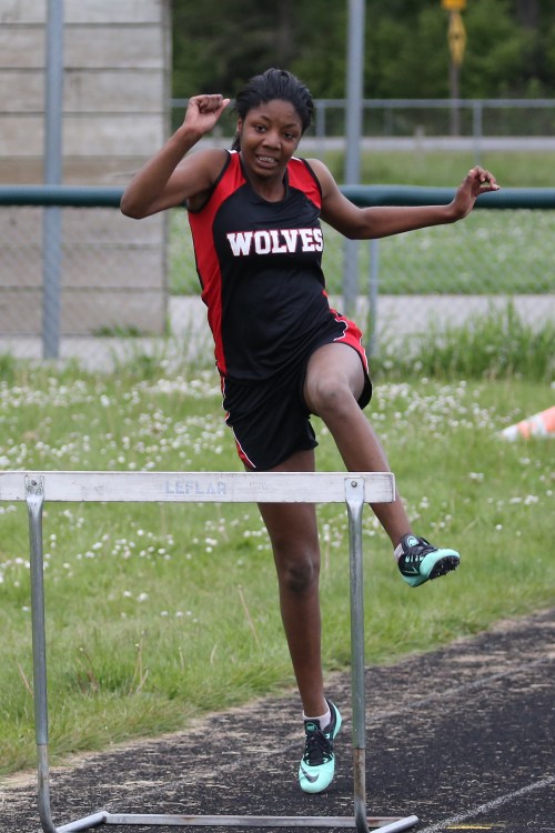 Ja'Tarya Hoskins, seen here during practice, set a PR in the 75 meter hurdles Tuesday. (John Fisken photo)