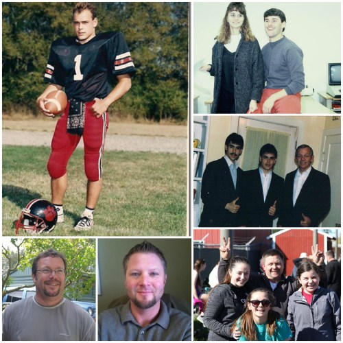 Today and yesterday, the football players of 1986. Mitch Aparicio (1) is joined by clockwise from top right, David Ford, his brother Marc, Rusty Bailey, Jay Roberts and Brad Trumbull.
