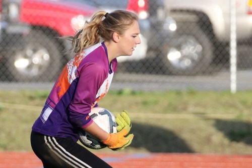 Coupeville High School goalie Lauren Grove stays busy in the net. (John Fisken photo)