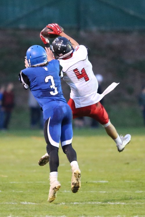 Hunter Smith, seen here hauling in a pass against Chimacum, could break two school records Friday night.