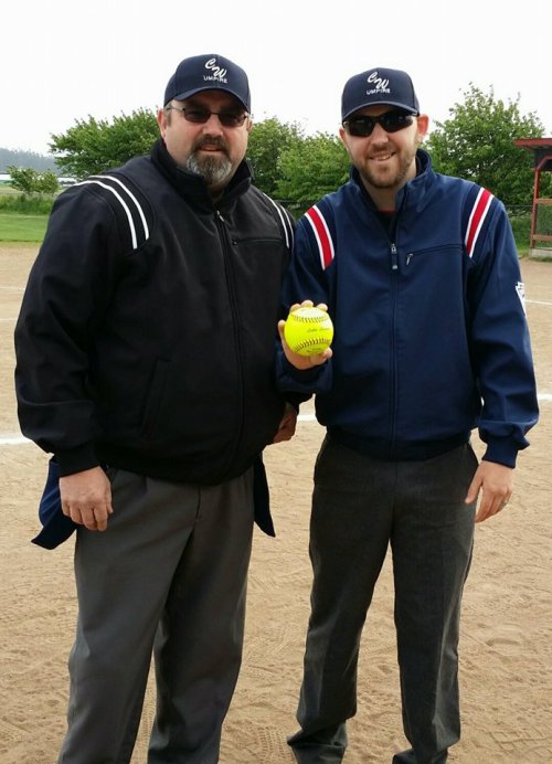 You, yes you, could join the umpiring ranks of Jim (left) and Joel Wheat. (Connie Lippo photo)