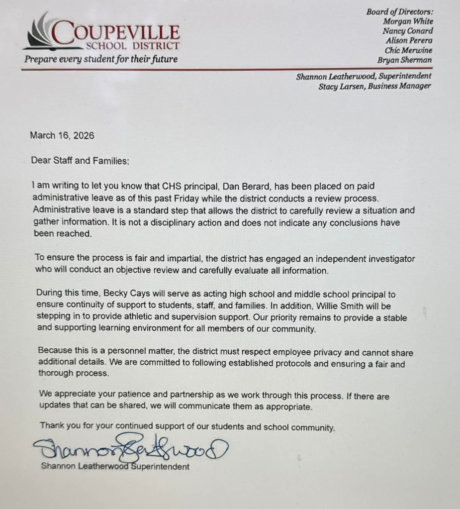 Another CHS principal placed on administrative leave | Coupeville Sports